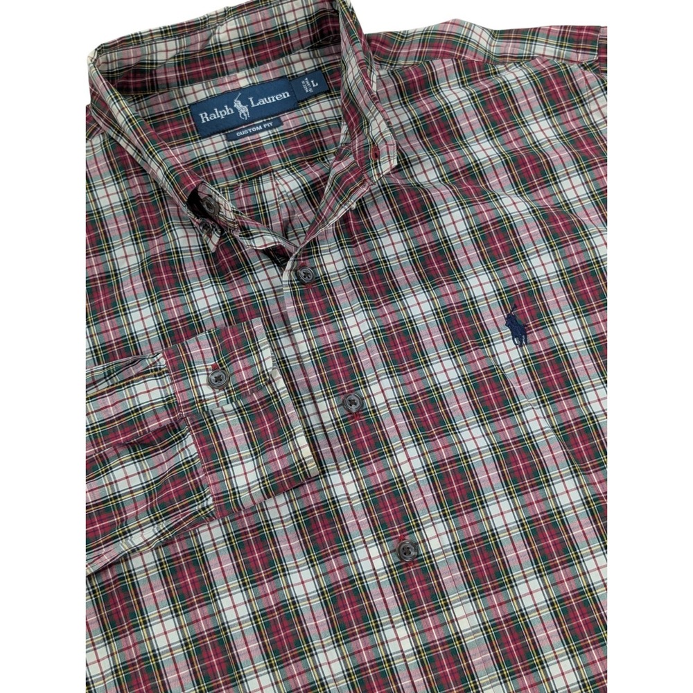 Ralph Lauren Men's Large Red Green White Plaid Custom Fit Button Down Shirt